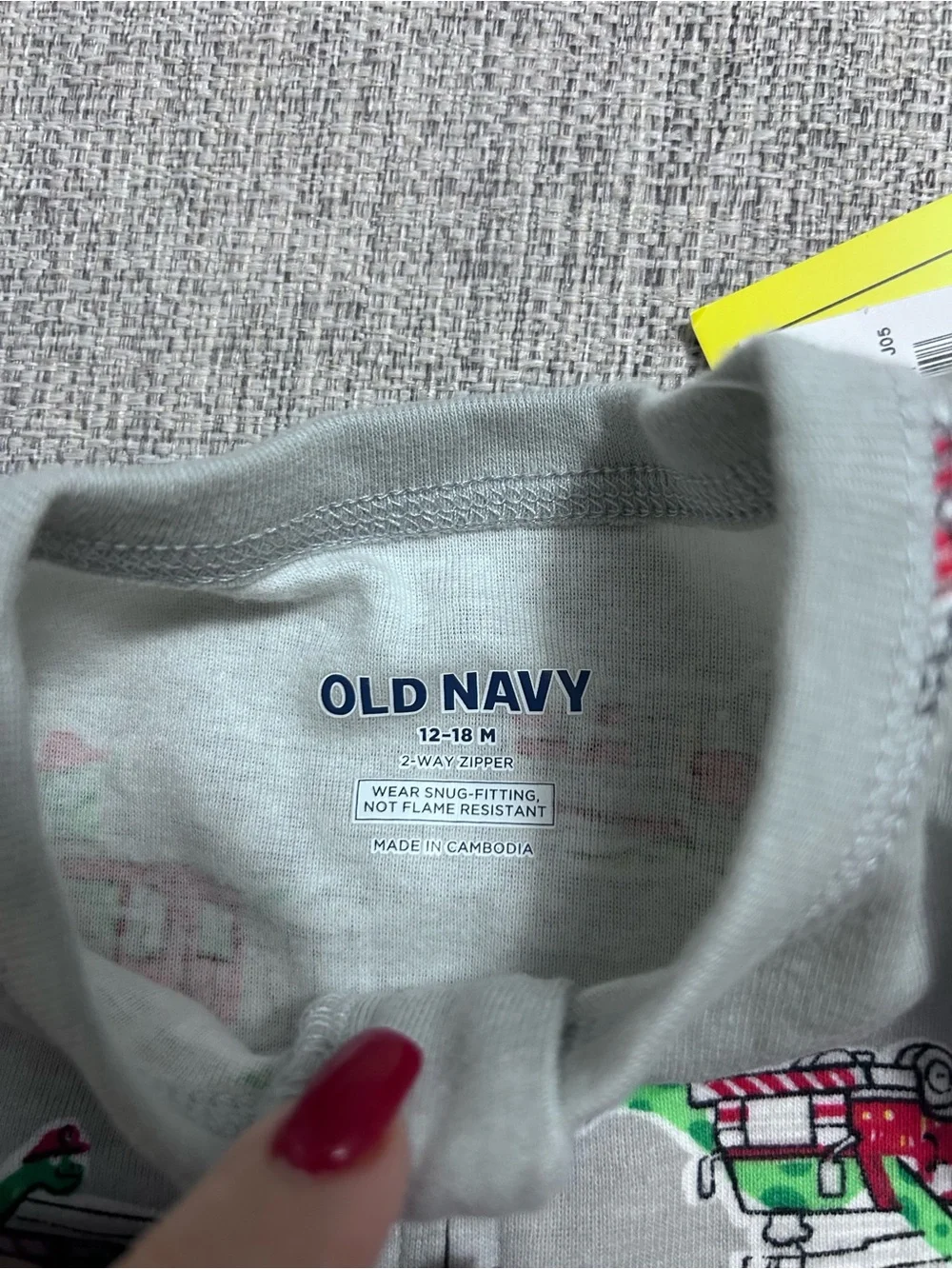 Old Navy Grey Fire Truck Print One-Piece Footie Pajamas. Size 12-18M NWT